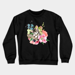 Cute Kitten on Watercolor Flowers Crewneck Sweatshirt